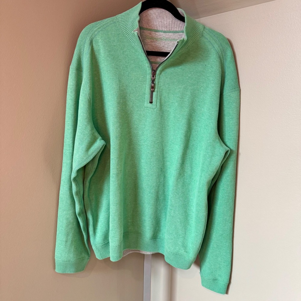 Tommy Bahama Men's Green Quarter Zip Pullover Sweater XL Marl Ribbed Knit Logo